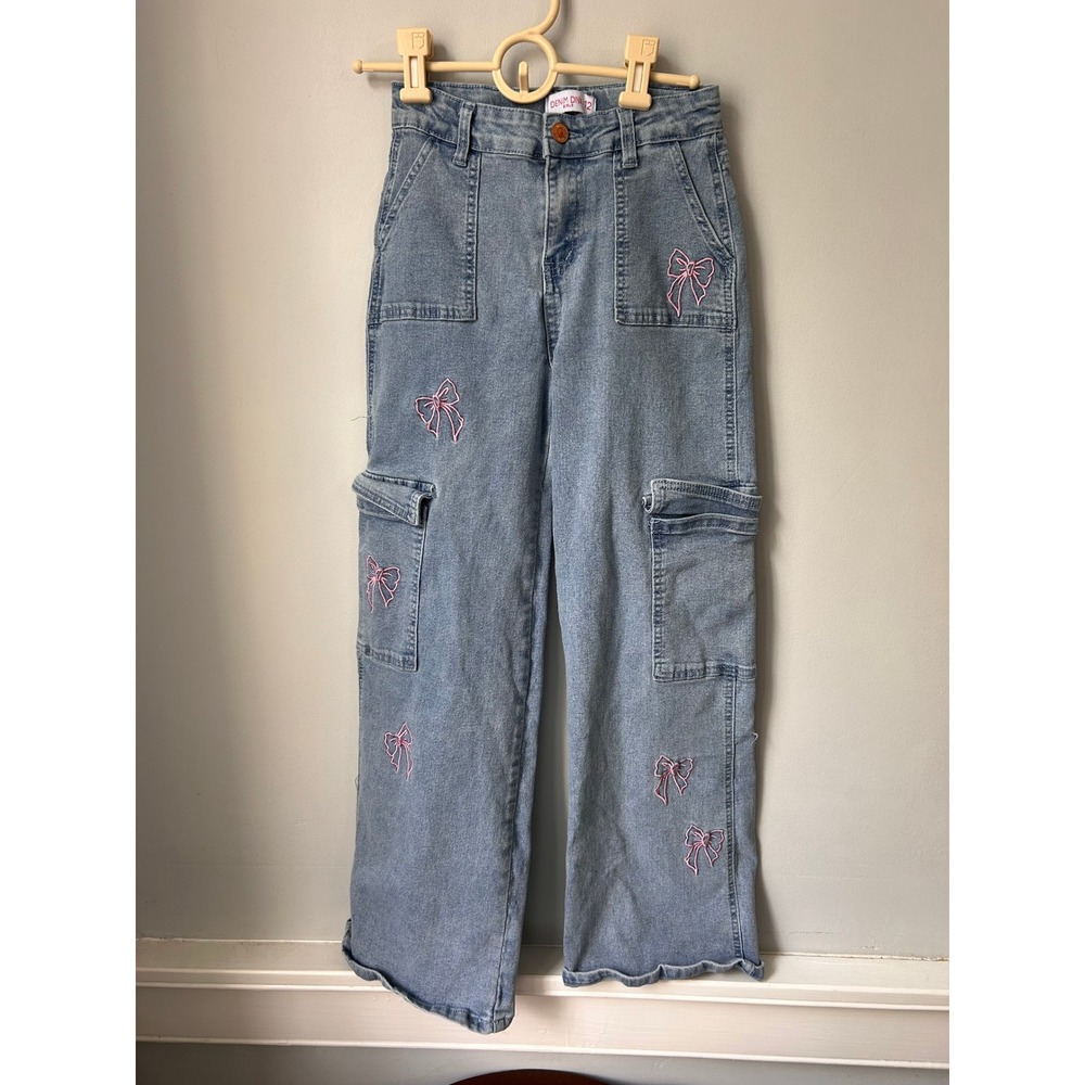 Denim Diva Girls Light Wash Embroidered Bow Cargo Jeans Wide Leg Size 12